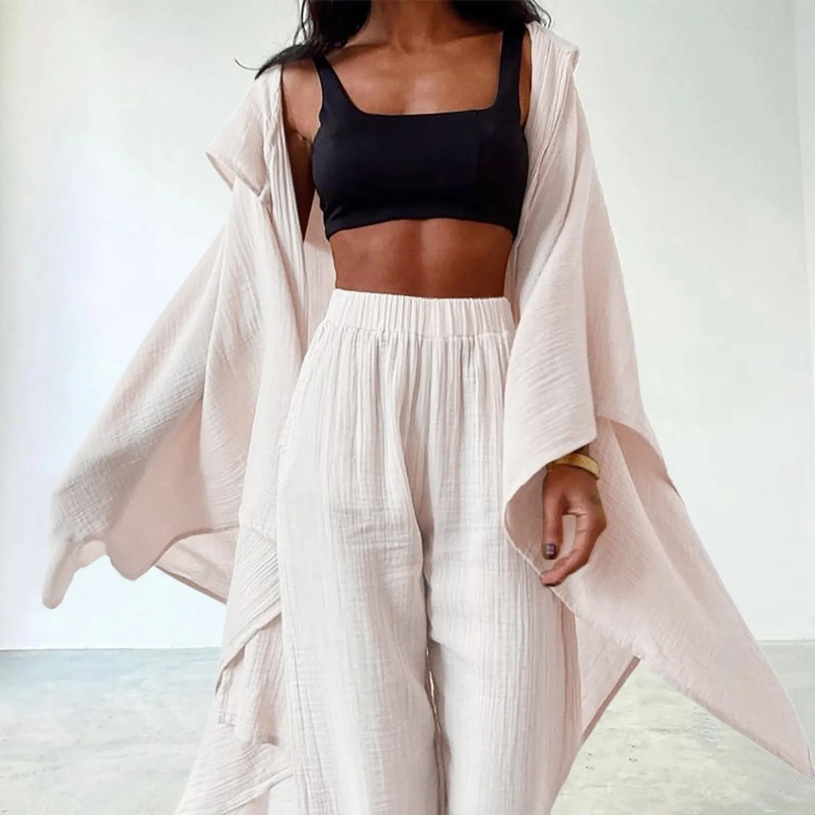 Богемный льняной комплект из двух предметов с длинным рукавом для женщин