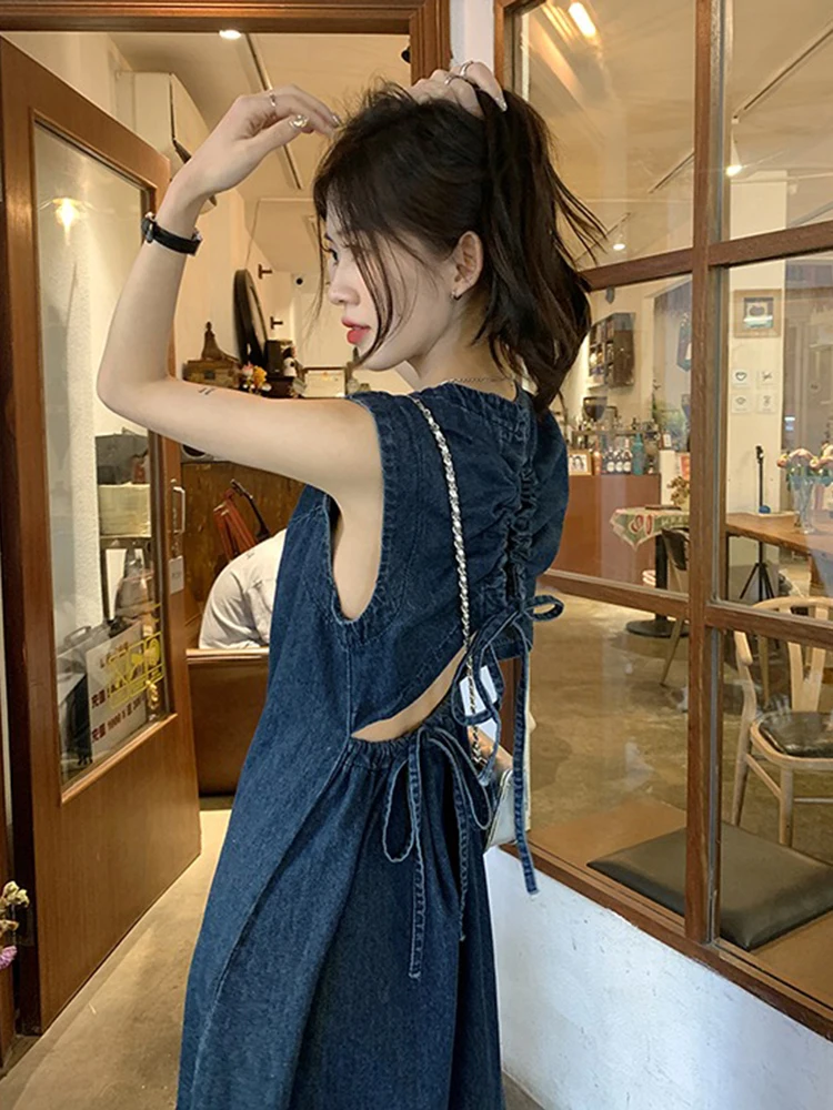 

Vintage Backless Bandage Drawstring Denim Beach Dress Women Solid Loose Sleeveless Midi Dresses Korean Fashion Summer Vestidos