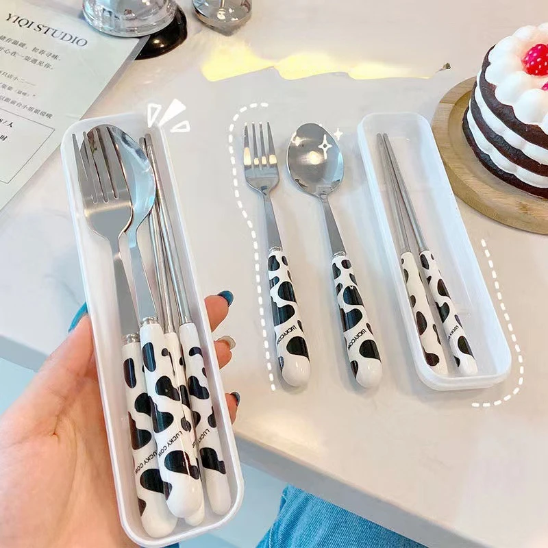 

Cartoon Cow Cutlery Spoon Fork Chopsticks Stainless Steel Portable Travel Lunch Tableware Dinnerware Sets Kitchen Accessories