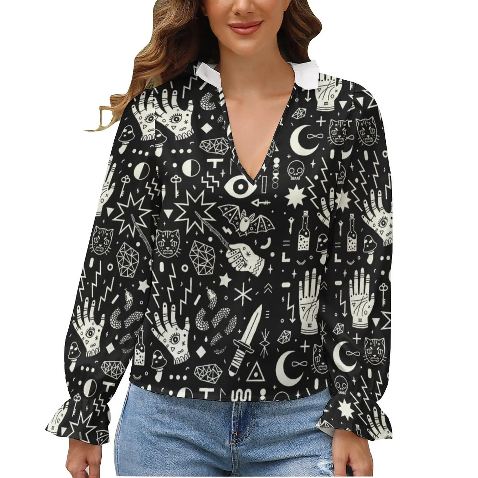 

Halloween Blouse Creepy Ruffled Ladies Sweet Collar Shirt Party Large Size Shirts