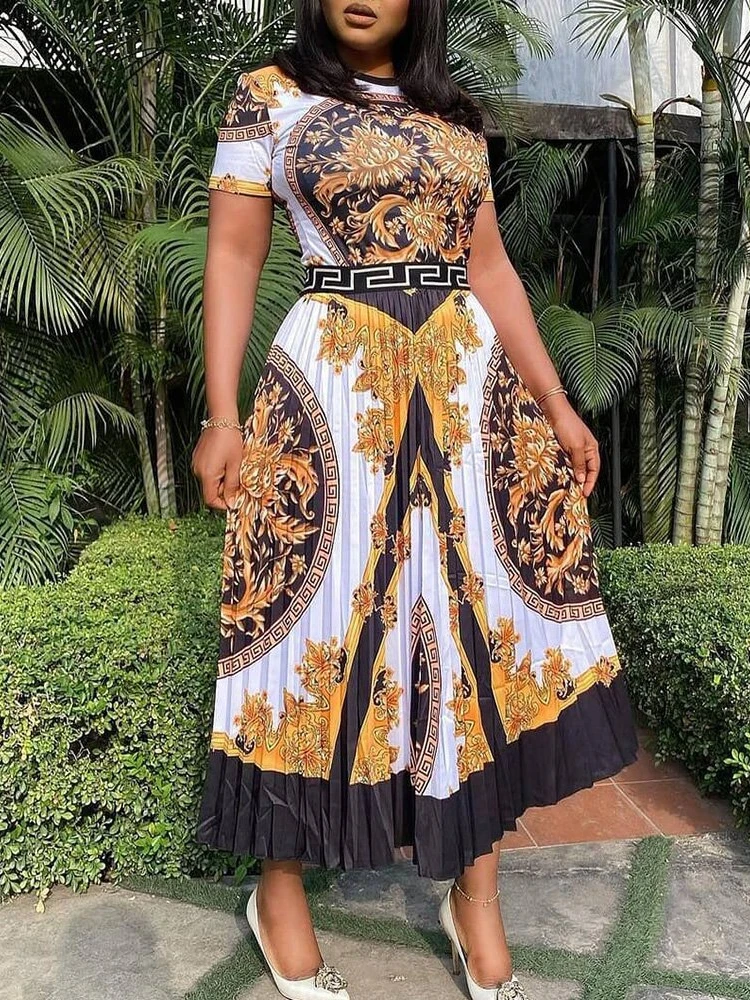 

Vintage Long Floral Printed Dress for Woman A-line Loose Elegant Pleated O Neck Short Sleeve Party Celebrate Event Evening Robes