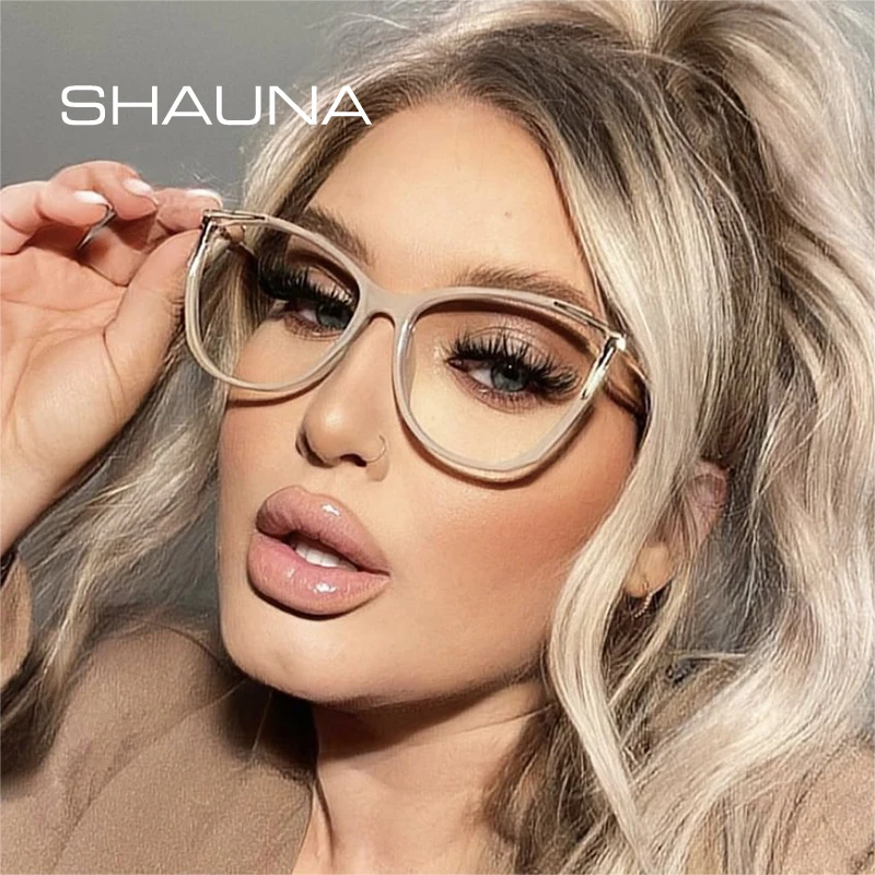 

SHAUNA Fashion TR90 Metal Cat Eye Women Glasses Frames Retro Clear Anti-blue Light Eyewear Men Spring Hinge Optical Frame
