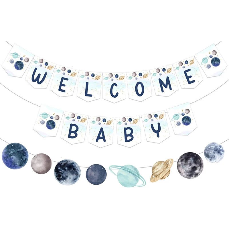 

Funmemoir Outer Space Baby Shower Banner Garland for Boy Universe Welcome Baby Banner for Galaxy Planet Themed Party Supplies