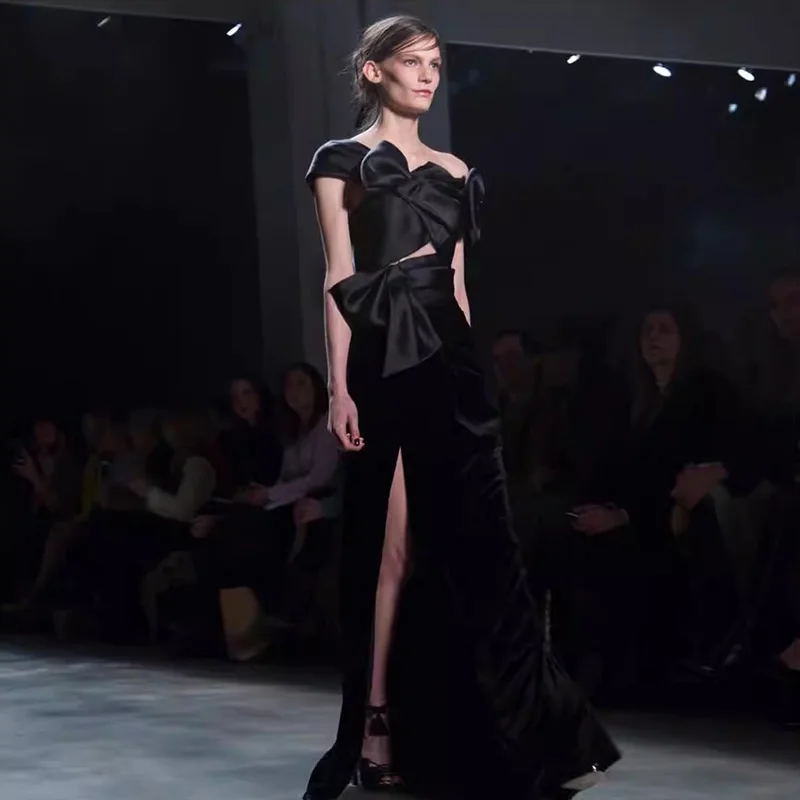 L321 Новые вечерние платья Marchesa Black Satin and Velvet Memaid فساتين السهرة vestidos de fiesta سهره