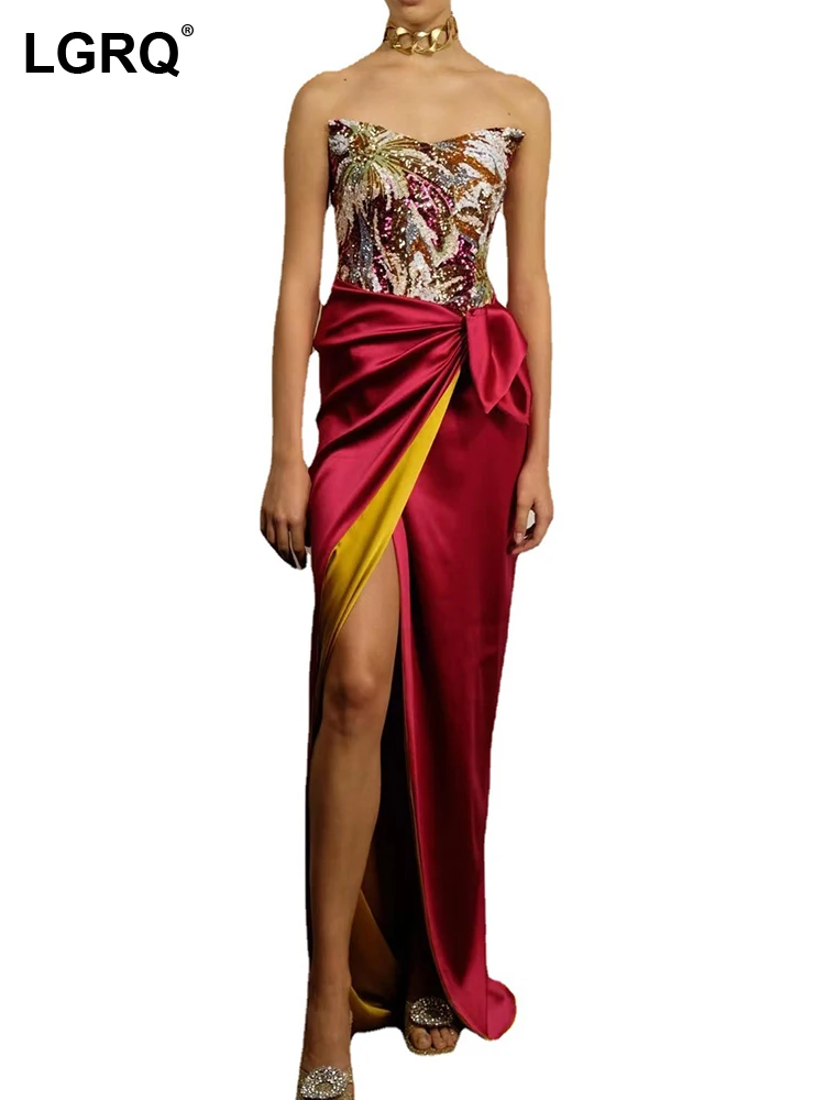 LGRQ Elegant Fashion Design Printed Pattern Splicing Evening Dress High Quality Luxury 2023 Summer New Dresses Formal 19F1641