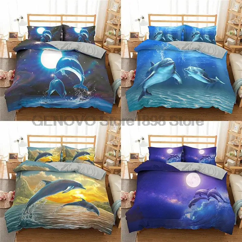 

Комплекты постельного белья с объемным дельфином в синем море, королевского размера, одиночное одеяло с животными, комплект пододеяльника, постельное белье для детей и взрослых