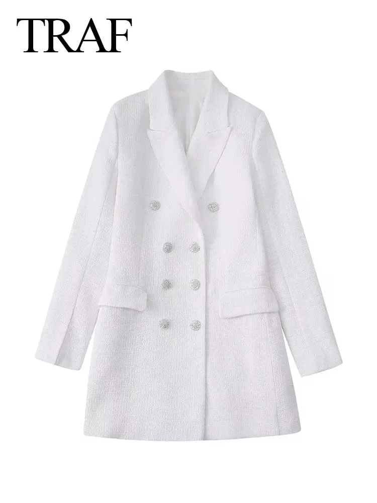 

TRAF Pure White Double Breasted Long Flared Sleeve Lady Dress Casual Beautiful High Temperament Slim Fit Short Women Dress