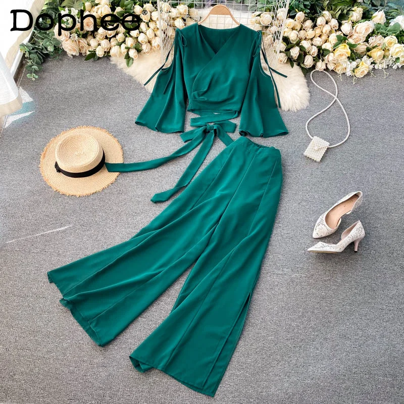 

Women Chiffon Hollow Out Lady Top High Waist Long Wide Leg Pants New Two Piece Set Fashion Temperament Summer 2022