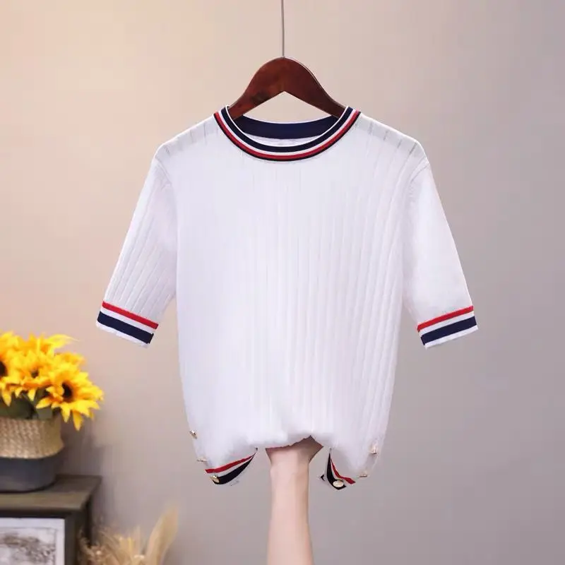 

Runway Summer Korean O-Neck Sweet Casual Short-Sleeve Hit Color Women's Striped Ice Silk Pullover Thin Sweater Crop Top T-Shirt