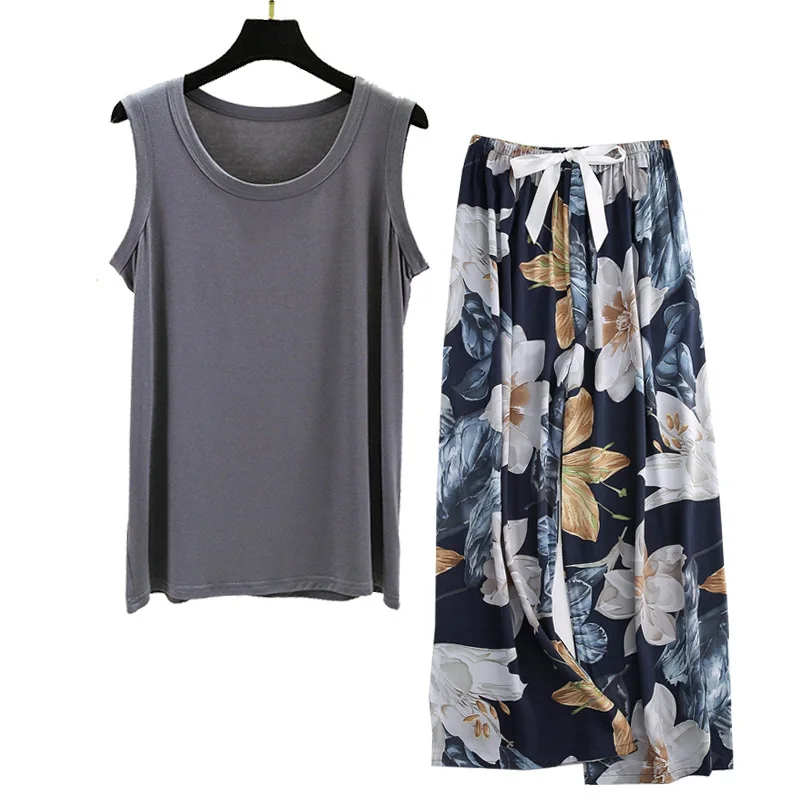 Women's Homewear Pajamas Set Sleeveless Long Pants Flower Print Fashion Pyjama Big Size Cozy Cotton PJS