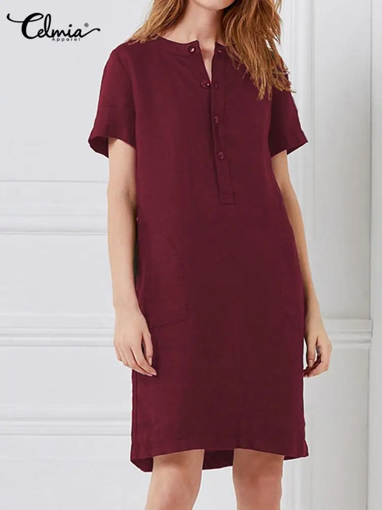 

Женское Хлопковое платье-рубашка Celmia, летнее платье для отдыха до колен с коротким рукавом, Повседневный Сарафан на пуговицах, винтажное пл...
