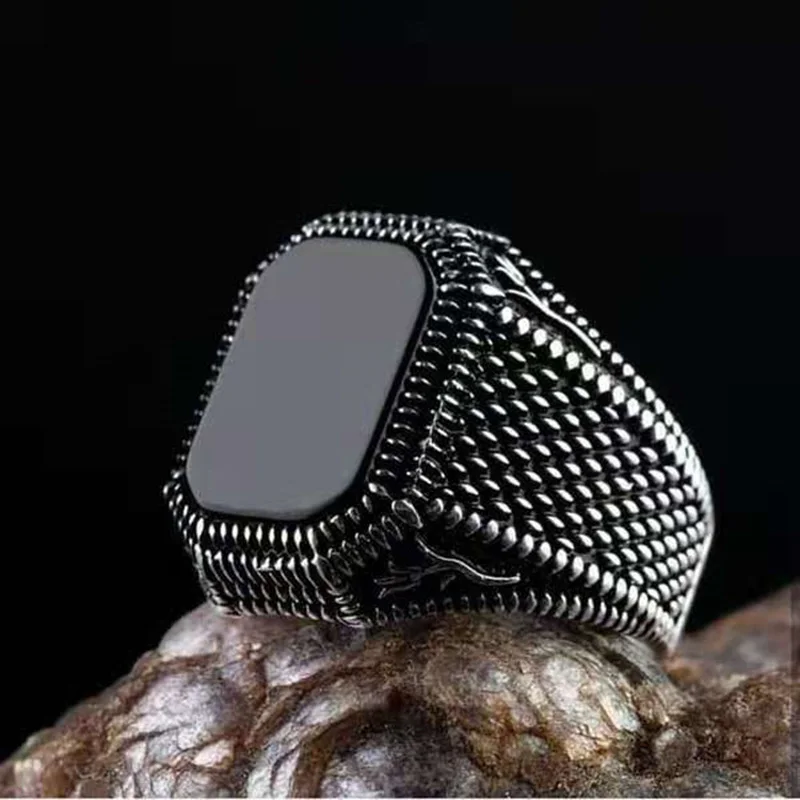 

Vintage Handmade Square Onyx Stone Silver Plated Ring Men and Women Turkish Signet Big Ring Punk Jewelry Factory Wholesale