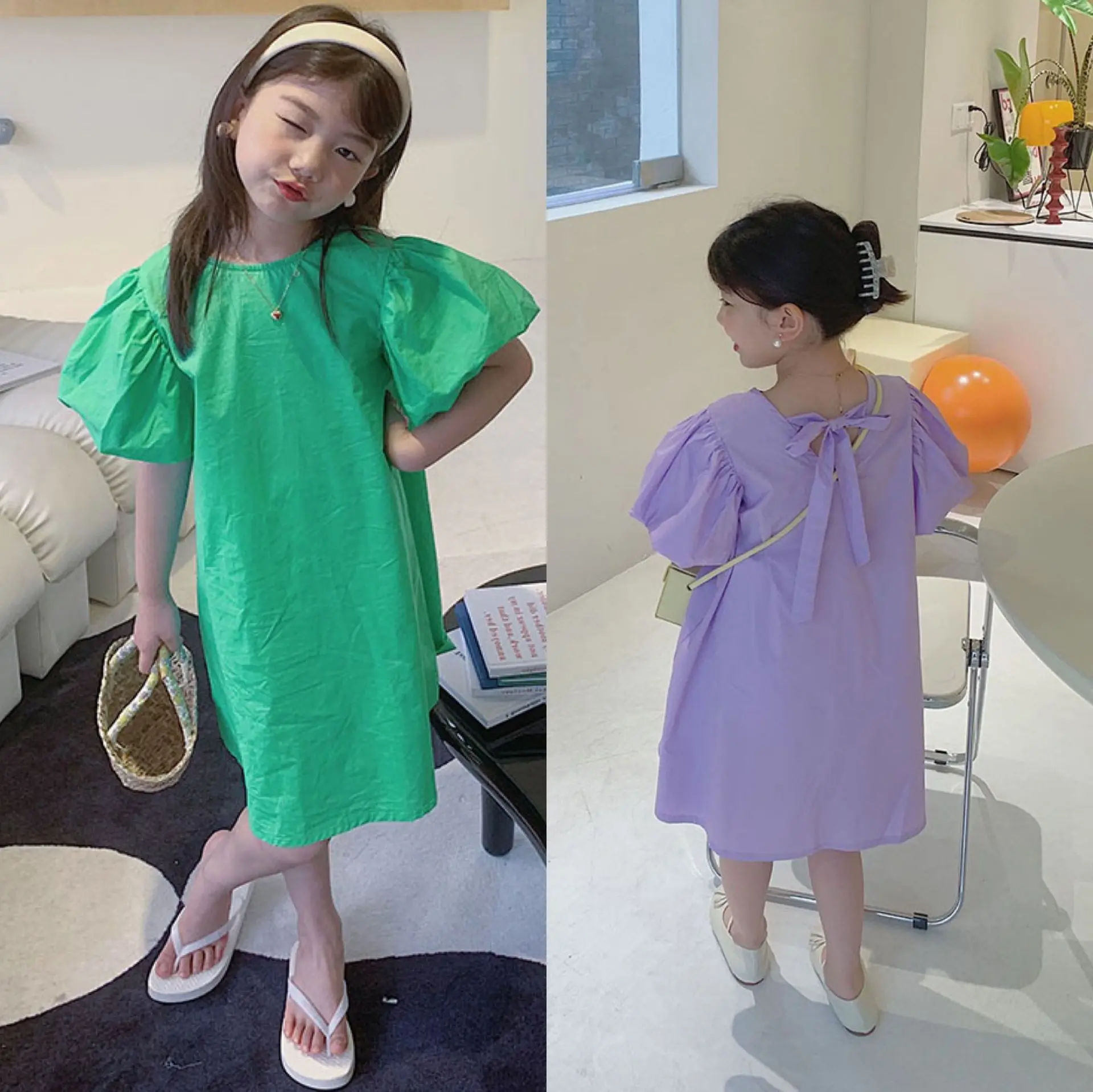 

2022 Summer Girls Puffy Sleeve Dress with Tie Two Colors