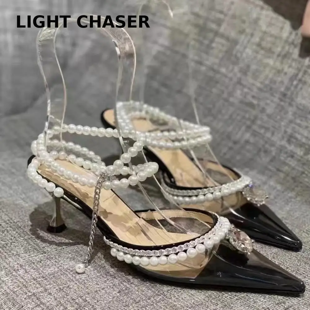 

New Women Sandals Pearl Rhinestone Fashion Pointed Toe Transparent Sandals Women Rhinestone High Heels Sexy Dress Party Shoes
