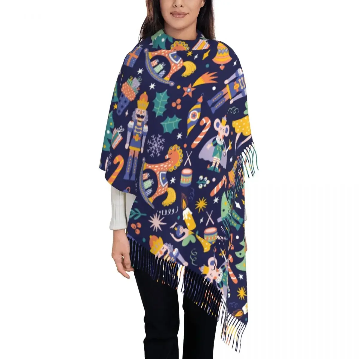 

Luxury Merry Christmas Nutcracker Pattern Tassel Scarf Women Winter Fall Warm Shawls Wraps Ladies Scarves