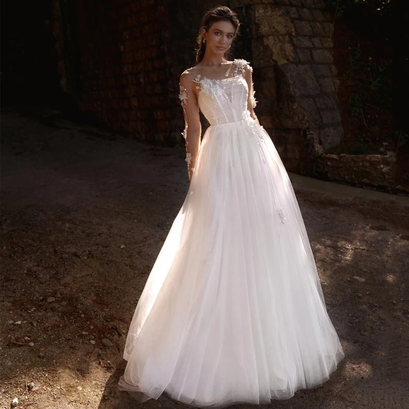 

Princess A Line Tulle Wedding Dress 2022 Illusion O Neck Long Sleeve Lace Appliques 3D Flowers Fairy Bridal Gown Robe de Mariee