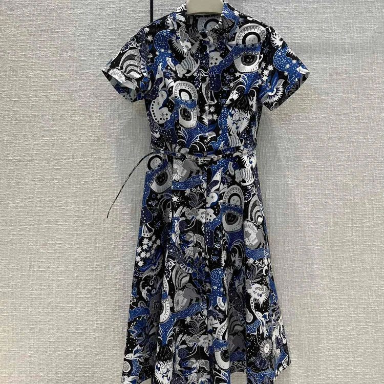 

Luxury Short-sleeved Cotton Long Dress Vintage Literary Holiday Print High-Waist A-line Mid-length Dress High-end Women Dresses