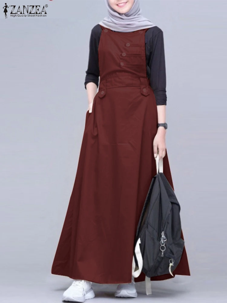 Платье ZANZEA женское весеннее в мусульманском стиле, однотонный праздничный длинный сарафан без рукавов с круглым вырезом, модная повседневн...