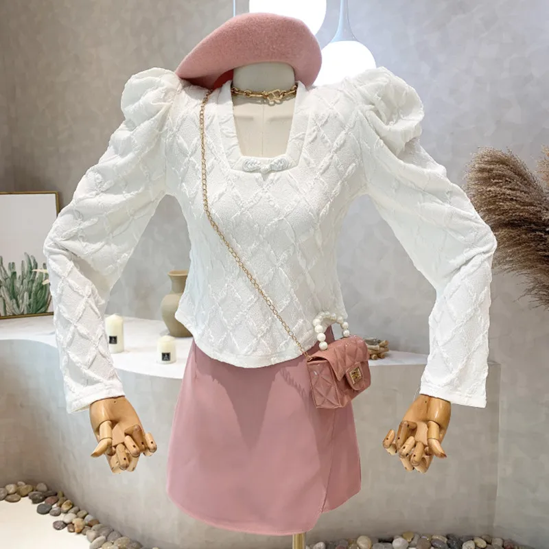 

Niche Design New Women's Clothing 2022 Spring Slim Long Sleeve Square Neck T-shirt Short Bottomed Shirt Tops Blouse