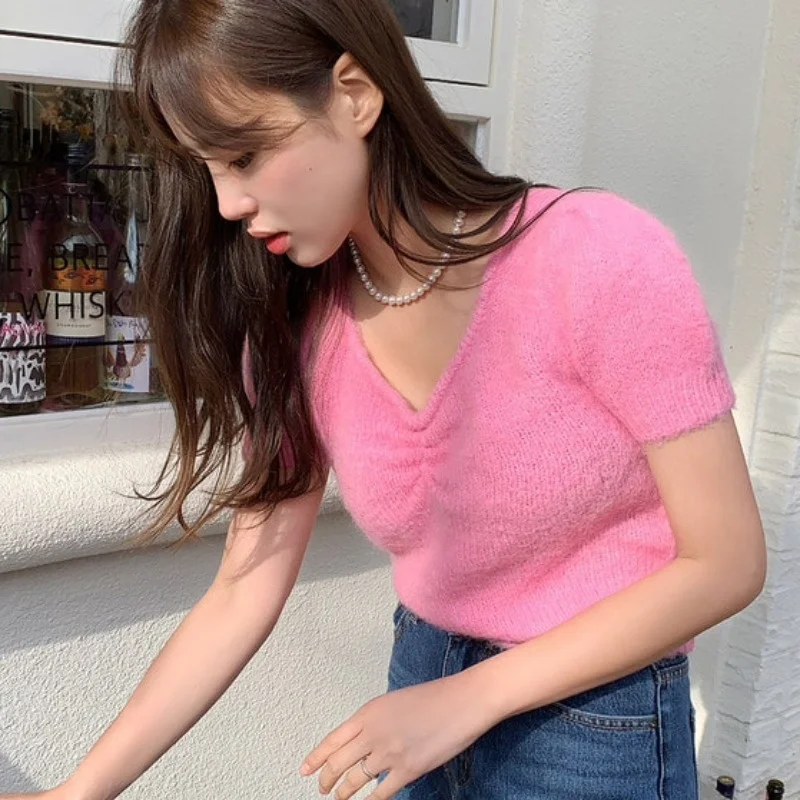Женский облегающий свитер с V-образным вырезом коротким рукавом | Женская одежда