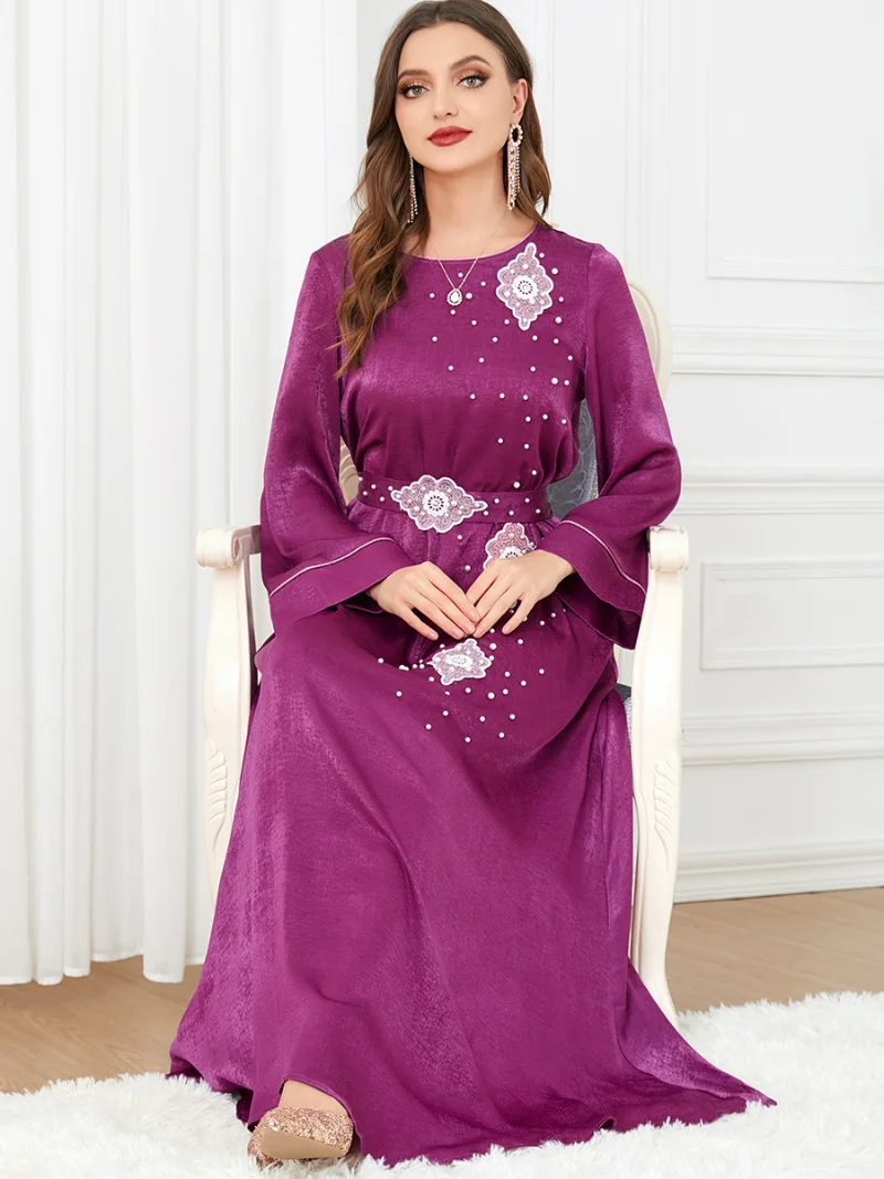 Dresses For Women 2023 Spring Elegant O-Neck Beading Long Sleeve High Waist Party Dress With Sashes Dubai Abaya Ramadan