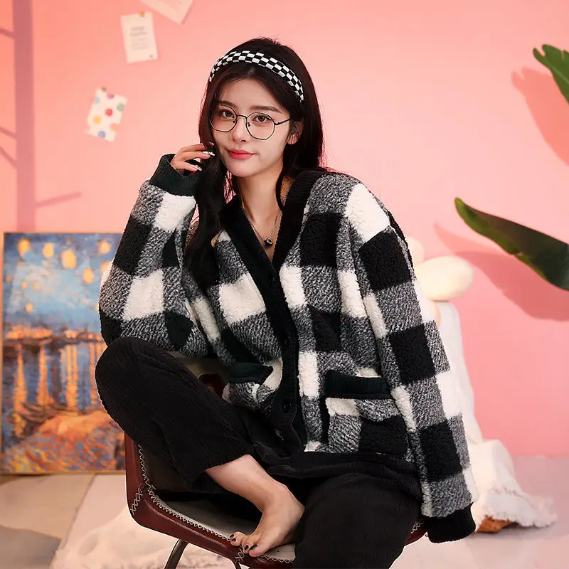 Pajama Sets Women Sweet Girls Peach Printed Cute V-neck Single Breasted Thicken Coral Fleece Pajamas Youth Sleepwear Loose Cozy