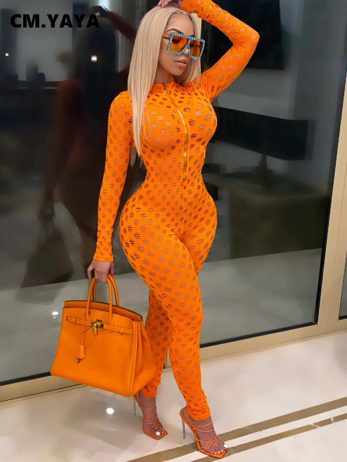 

Прозрачный комбинезон CM.YAYA для женщин, сезон осень-зима 2022, соблазнительный вечерний мотоциклетный цельный костюм с длинным рукавом, комбин...