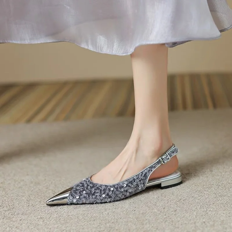 

Banquet Sequins Back Empty Low-heeled Sandals 2022 Summer New Pointed Toe Shallow Buckle Flat Sandals Comfortable and Versatile