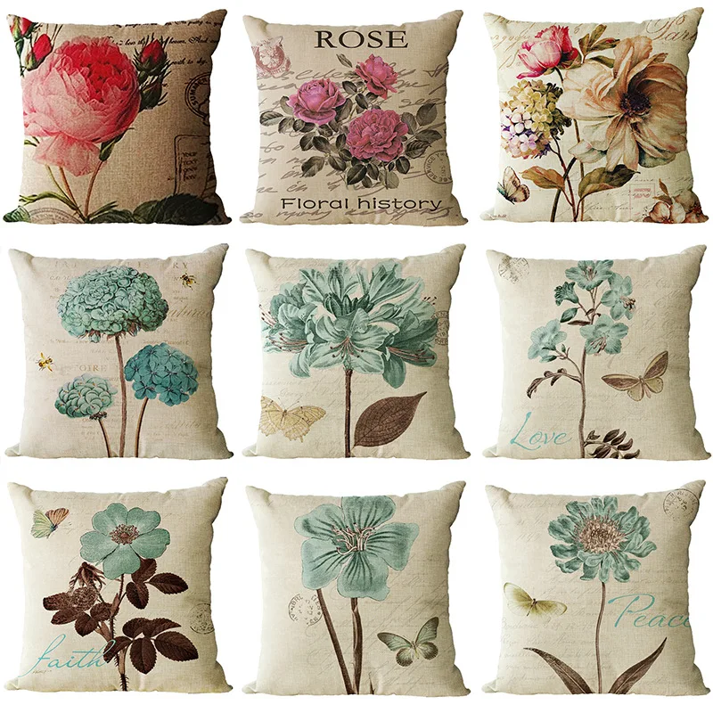 

Fashion Sofa Throw Pillow Retro Digital Printing Flower and Plant Cushion Cover Linen Throw Pillow Pillow Waist Pillow Cover