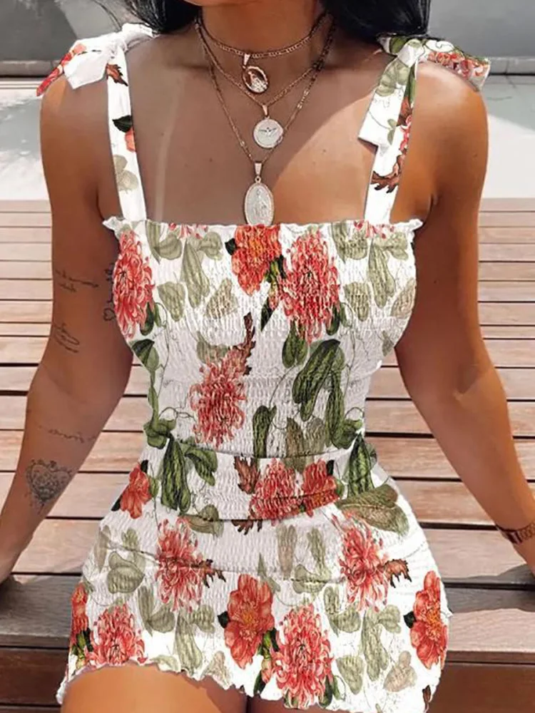 

Summer Sexy Off Shoulder Bow Lace-up Boaydcon Dress Elegant Sleeveless Floral Print Mini Dress Women Vacation Beach C85