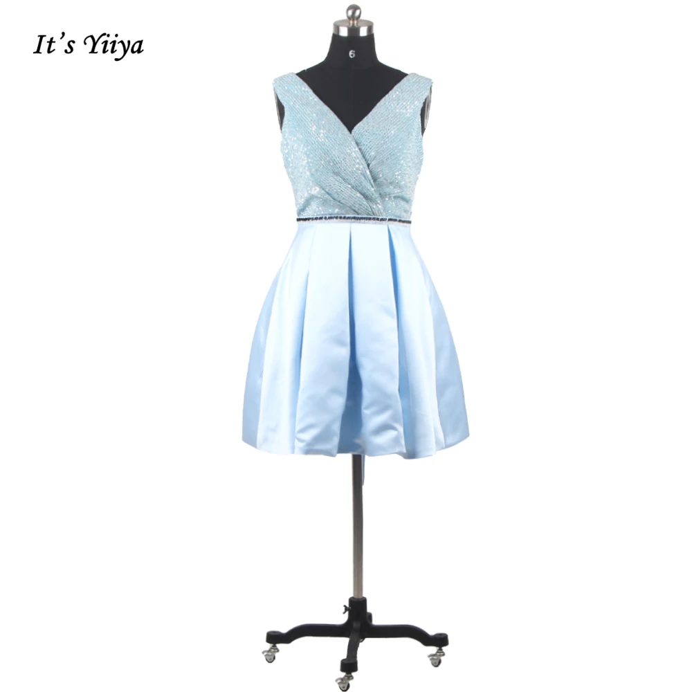 

It's Yiiya Prom Dress Sky Blue Sequins V-neck Pleat Sleeveless Beading New Knee-length A-line Plus size Women Party Dress B2003