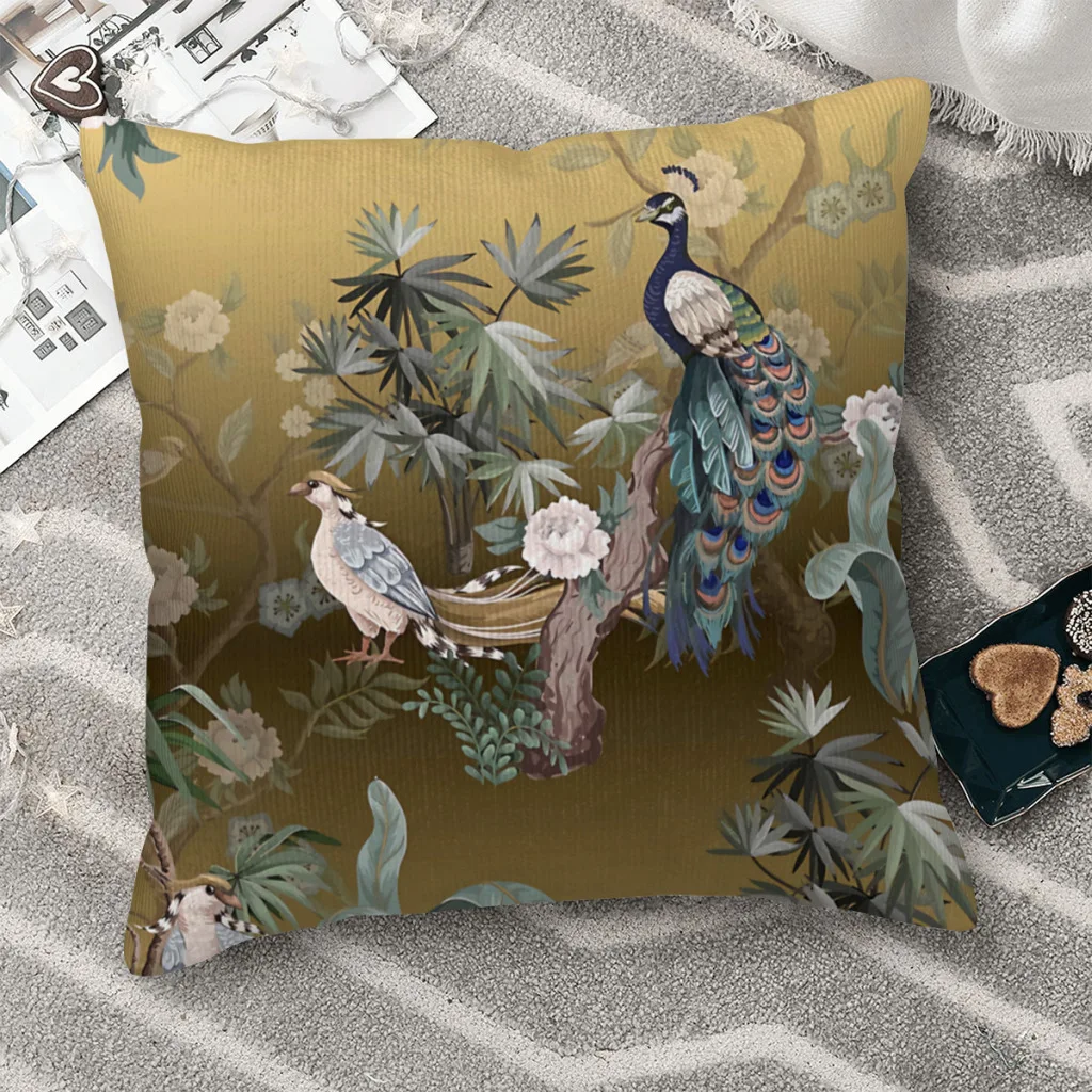 

Fengshui Oriental Chinoiserie Gold Leaf Garden with Peacock and Quail Polyester Cushion Cover For Livingroom Decorative