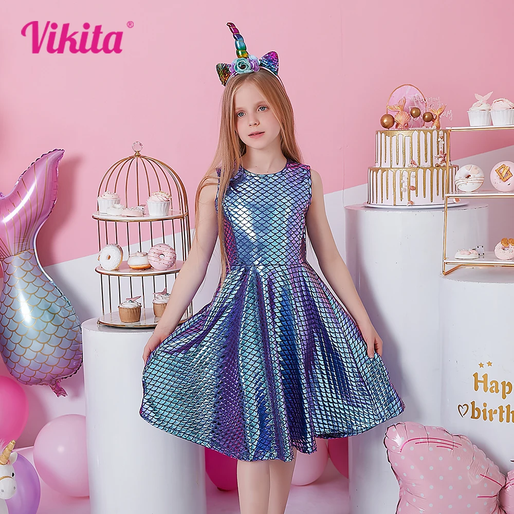 

VIKITA Mermaid Dress for Girls Baby Girl Children Casual Dresses Toddlers Straight Dress Kids Summer Fashion Clothes 4-12 Years