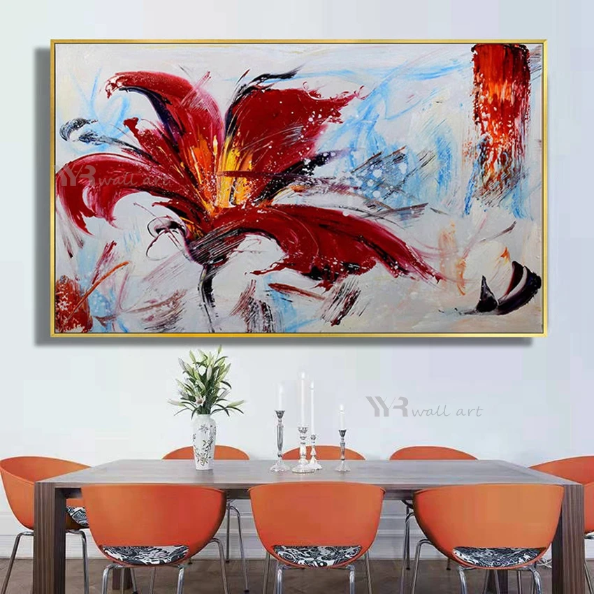 

Home Decoration Canvas Oil Painting Handmade Big Red Flower Wall Art Horizontal Poster Living Room Sofa Restaurant Bedroom Mural