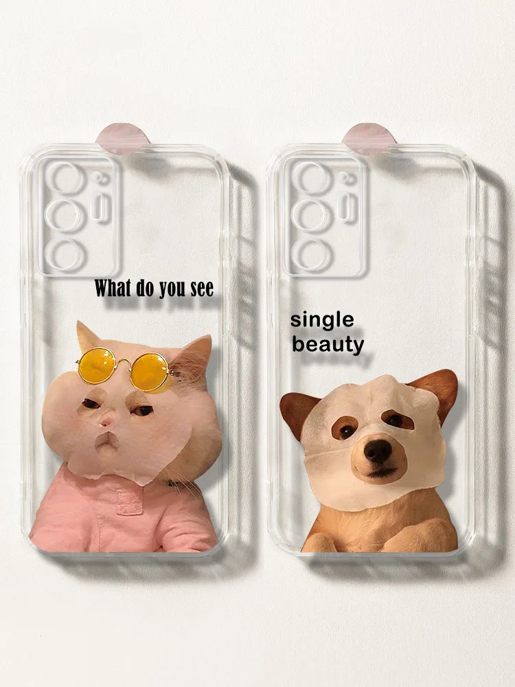 

For Samsung S23 S22 S21 Ultra Noble Cat Transparent Silicone Full Envelope S23Plus Couple Dog Creative Funny Personality Shell
