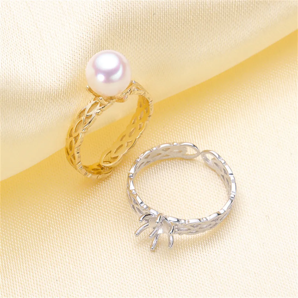 

S925 sterling silver wrapped real gold half hole bead holder ring handmade diy sticky crystal pearl inlay empty holder open ring