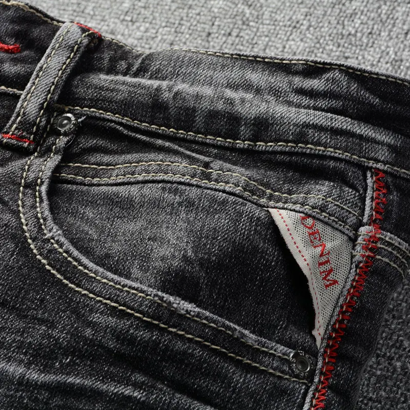 Fashion Designer Men Jeans Retro Washed Black Gray Elastic Stretch Slim Fit Ripped Jeans Men Trendy Designer Denim Pants Hombre