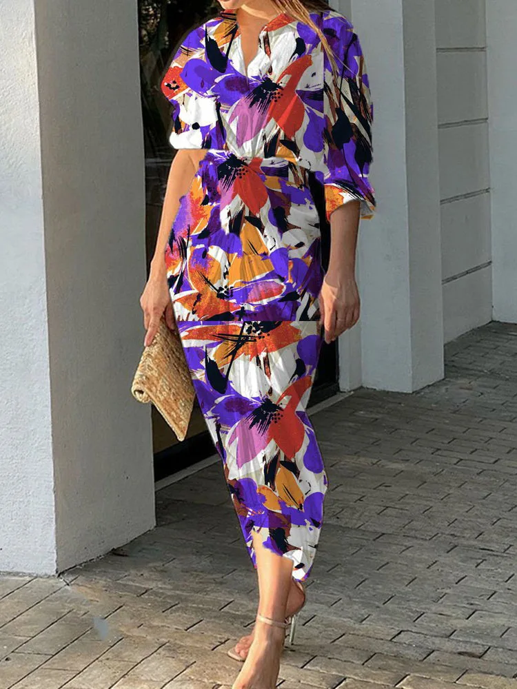

Spring Long Sleeve Lapel Single Breasted Lady Dress Fashion Floral Print Long Shirt Dress Women Casual High Waist Lace Up Dress