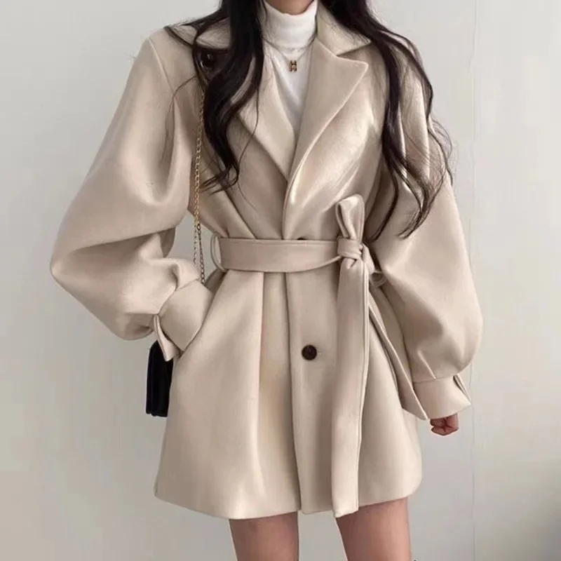 

Винтажное шерстяное пальто, женское осенне-зимнее пальто с рукавами-фонариками и лацканами, женское модное элегантное пальто в Корейском стиле Хепберн на завязках