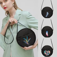 2022 womens korean version of beautiful feather pattern round bag printing commuter diagonal canvas black cosmetic bag shoulder