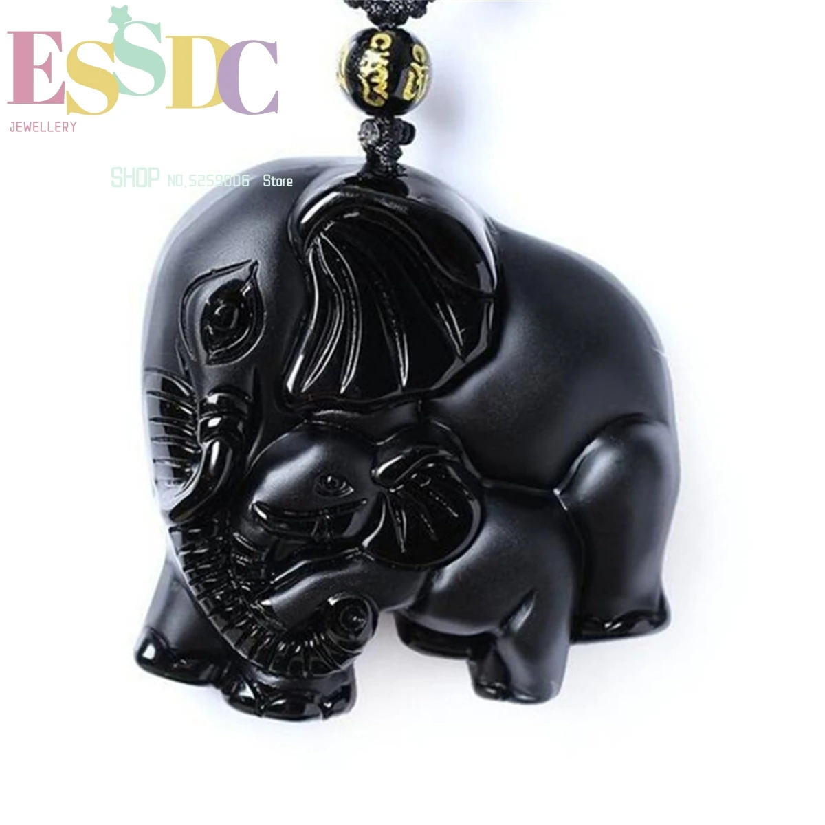 

Natural Black Obsidian Cute Mother Baby Elephant Pendant + Free Beads Necklace For Men Or Women Amulet Gift Jewelry Charm
