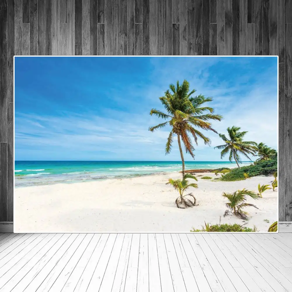 

Sunny Tropical Seaside Scenic Photography Backgrounds Blue Sky Sea Beach Sands Palm Tree Holiday Home Party Photo Backdrops