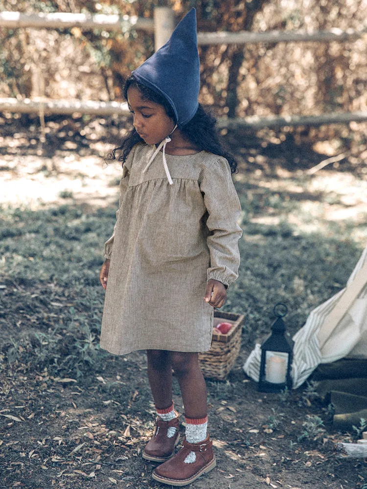 

Laura Kors 2023 Winter New Girls Dress Cotton Long Sleeve O Neck Striped Brown Girls Dress Vestido 18M-7T