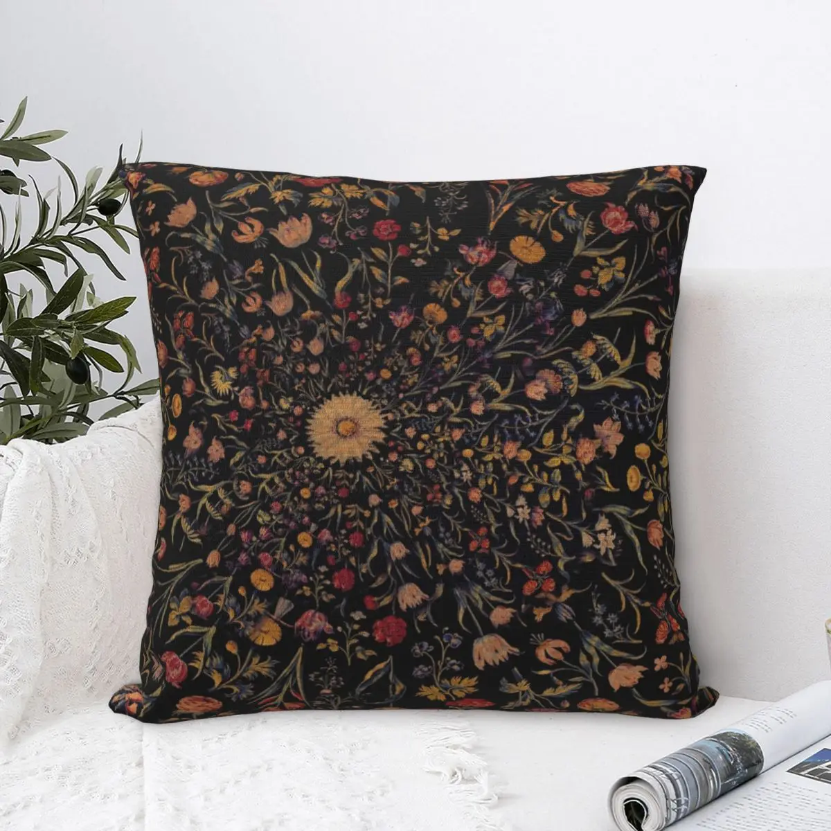 

Средневековые цветы на черной квадратной наволочке, наволочка для подушки, декоративная подушка, Полиэстеровая наволочка для домашней спальни