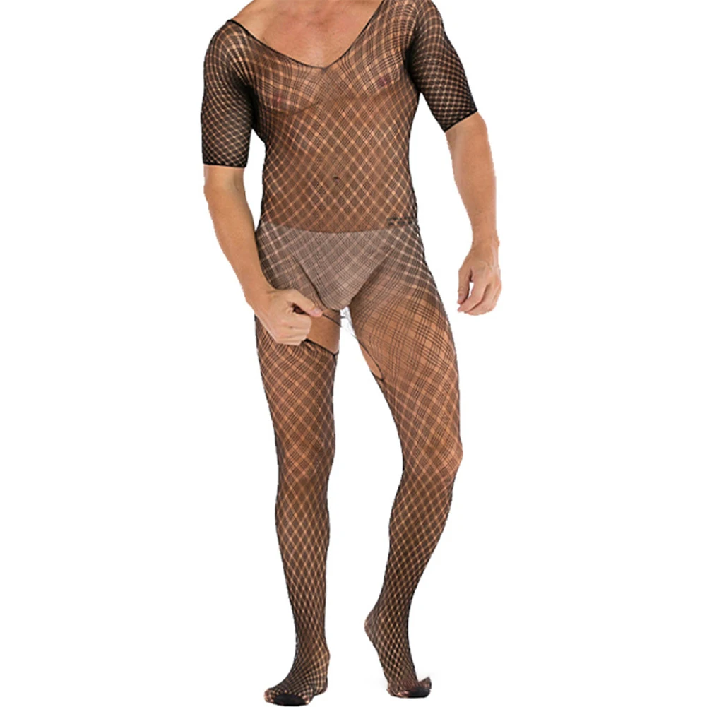 

Men Gay Sissy Body Stockings Pantyhose Sheer Mesh Hollow Out Crotchless Bodysuit Stretchy Fishnet Tights Short Sleeve Jumpsuit