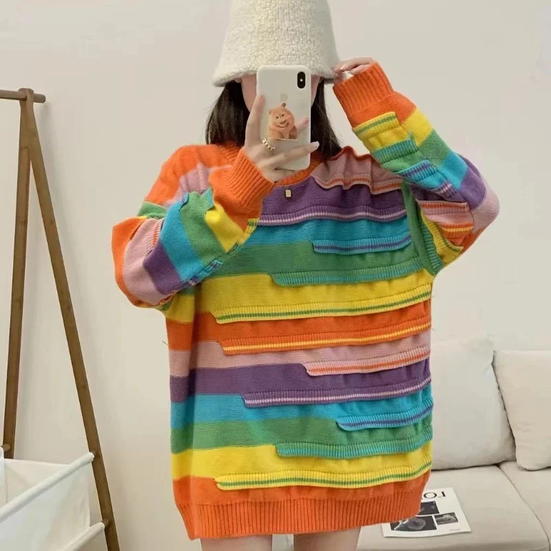 

Dopamine Lazy Rainbow Contrast Round Neck Thickened Stripe Knitted Sweaters Women's Clothing Loose Feel Soft Glutinous Pullovers