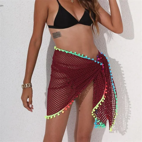 Женские пляжные юбки, летняя разноцветная Пляжная накидка с вырезами, женский прозрачный мини купальник с завязками и разрезом