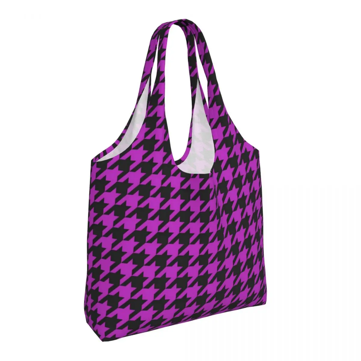 

Houndstooth Check Shopper Bag Purple And Black Handbags Female Print Tote Bag Cool Polyester Office Shoulder Bag