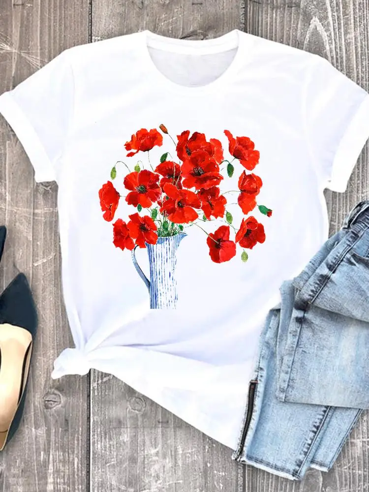

Tee Clothing Flower Trend 90s Cute Print Clothes Women Tshirt Female Top Short Sleeve Fashion Casual Summer Graphic T-shirt