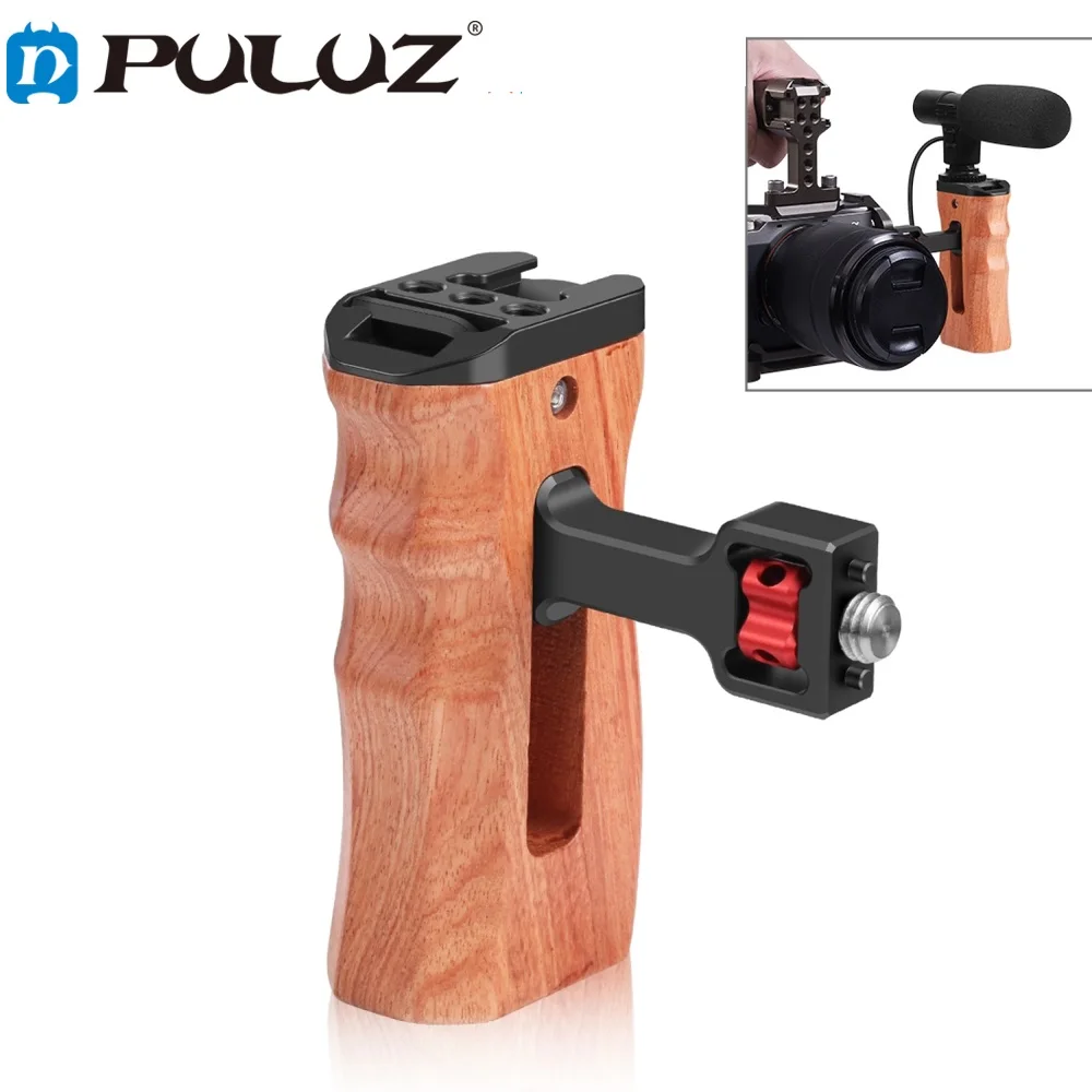 

PULUZ 3/8 1/4 inch Screw Universal Camera Wooden Side Handle with Cold Shoe Mount For Camera Cage Stabilizer